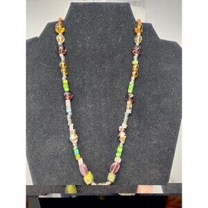 Handmade Millefiori & Lampwork Glass Necklace Green Cats Eye Teardrop  18"